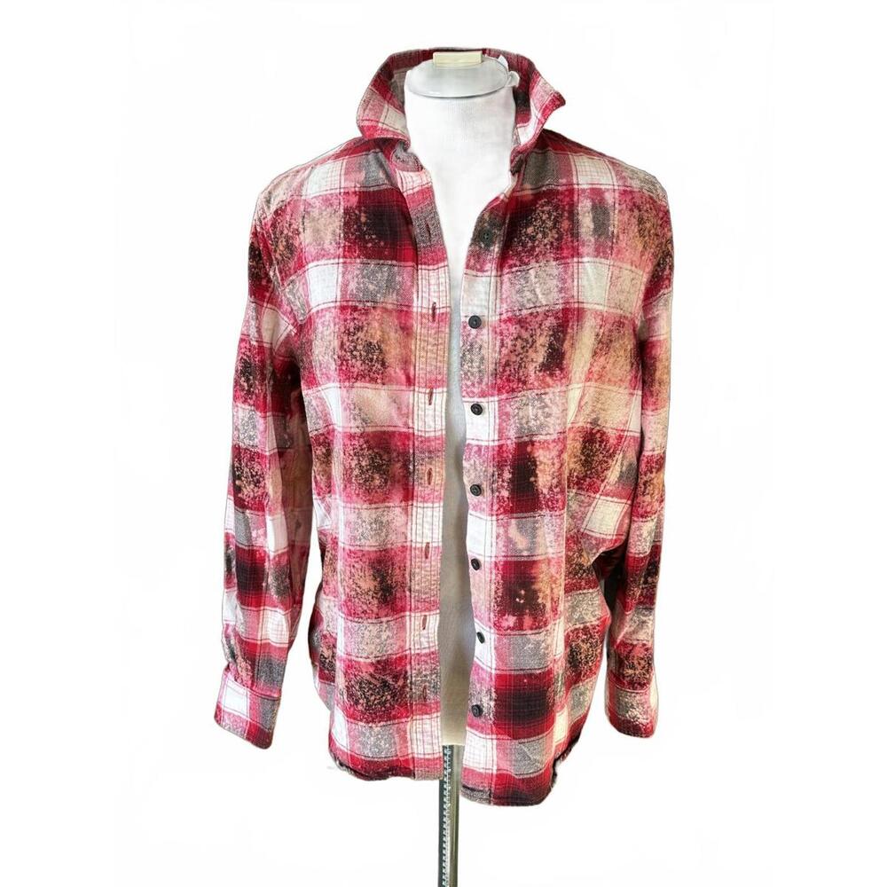 Lands’ End Flannel Shirt Medium OOAK Upcycled Distressed Plaid Flannel Button Up